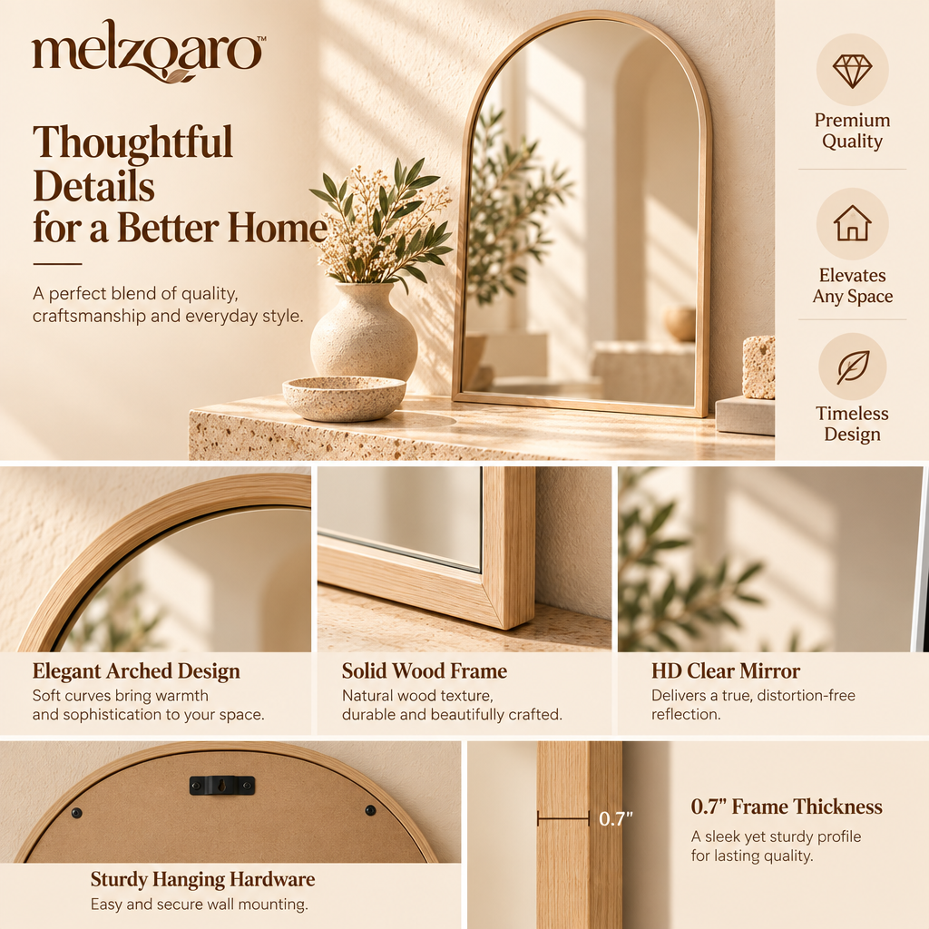 melzqaro™ Light Oak Arched Decorative Mirror — image 5