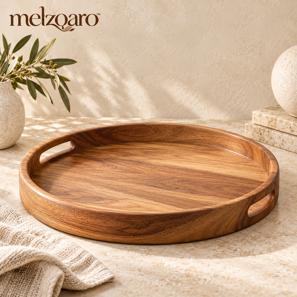 melzqaro™ Round Walnut-Tone Wooden Accent Tray — image 1