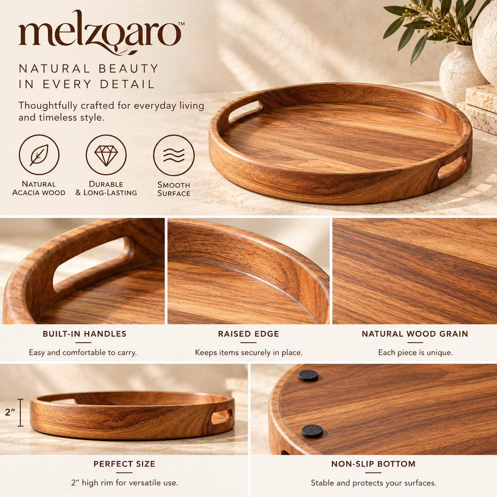 melzqaro™ Round Walnut-Tone Wooden Accent Tray — image 3